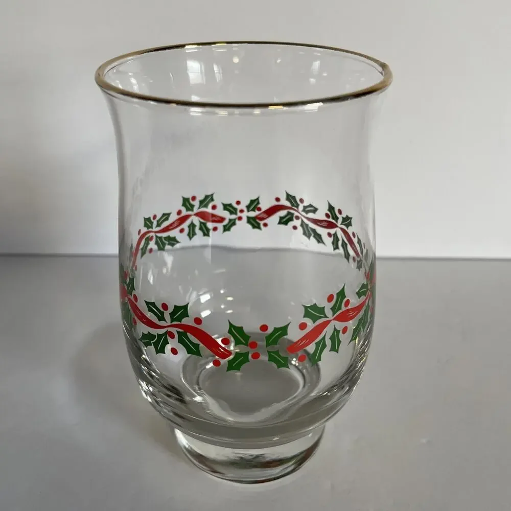Vintage Libby Christmas Holly & Ribbon Glass With Decorative Gold Rim